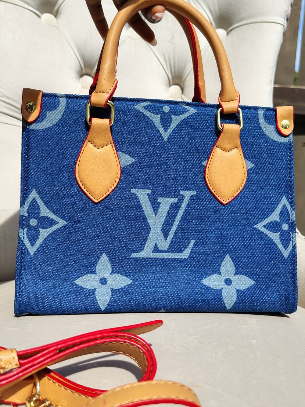 Blue Denim Monogram Satchel with Tan Handles and Red Trim